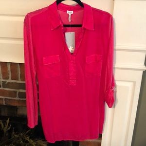 Fuchsia Splendid Tunic , swim cover up, V neck, possible roll sleeve, Large, NWT